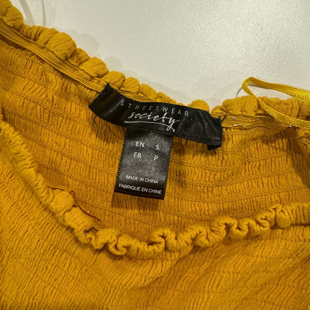 2/$20 Streetwear Society Mustard Ruffled smocked off the shoulder top - Picture 4 of 8